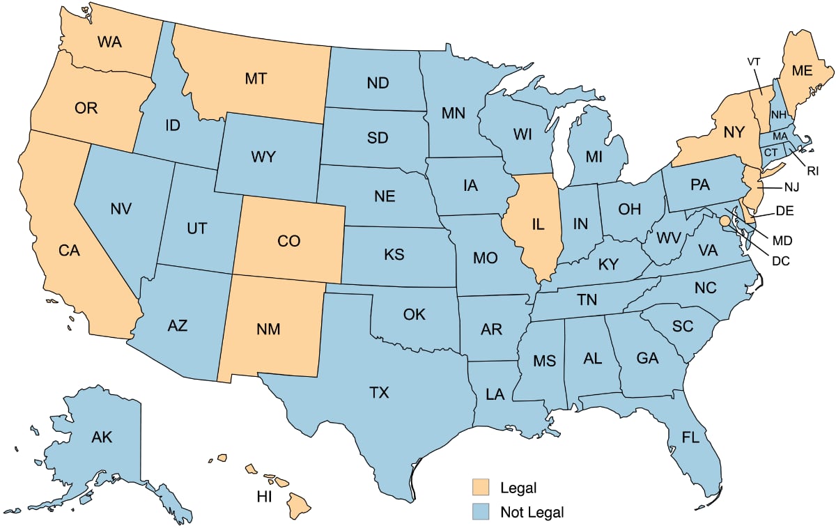 A map of the United States indicating that PAD is available in California, Colorado, Delaware, Hawaii, Illinois, Maine, Montana, New Jersey, New Mexico, New York, Oregon, Vermont, Washington states, Washington, DC.